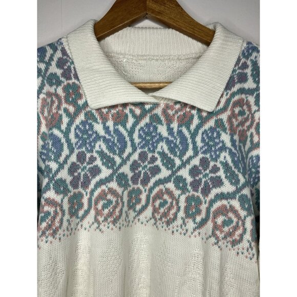 Vintage Floral Collared Sweater Women's Medium Cottagecore - Picture 2 of 9